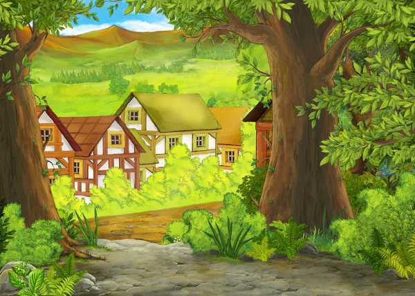 Scena estiva dei cartoni animati con percorso verso il villaggio agricolo - nessuno sulla scena - illustrazione per bambini — Foto Stock