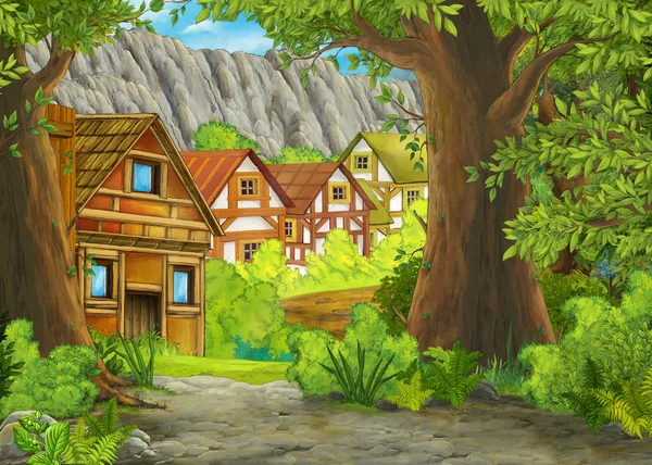 Мультфильм летняя сцена с дорожкой к деревне фермы - никто на сцене - иллюстрация для детей — стоковое фото
