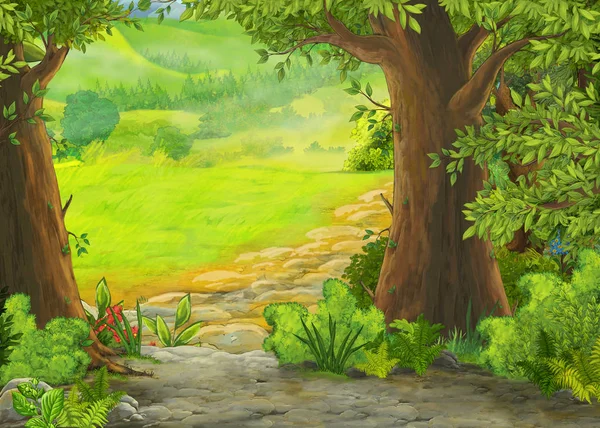 Cartoon summer scene with meadow in the forest illustration for children — Stock Photo, Image