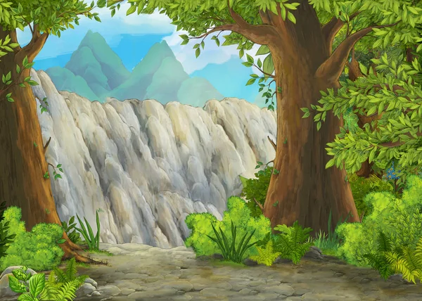 Scène de dessin animé avec vallée des montagnes près de la forêt illustration pour enfants — Photo