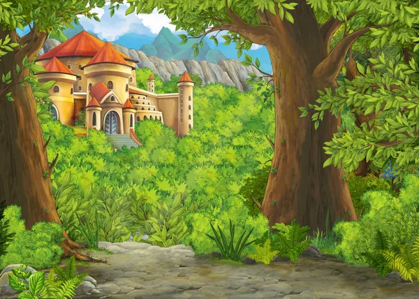美しい城と漫画の自然のシーン - 子供のためのイラスト — ストック写真