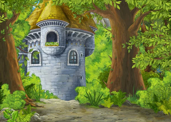 Dessin animé scène de nature avec beau château - illustration pour les enfants — Photo