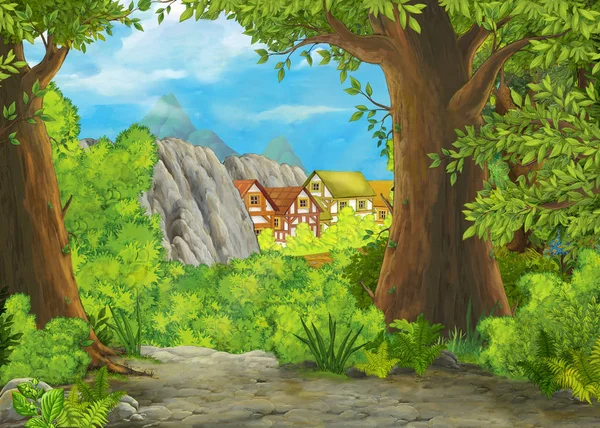 Escena de verano de dibujos animados con camino a la aldea de la granja - nadie en la escena - ilustración para los niños — Foto de Stock