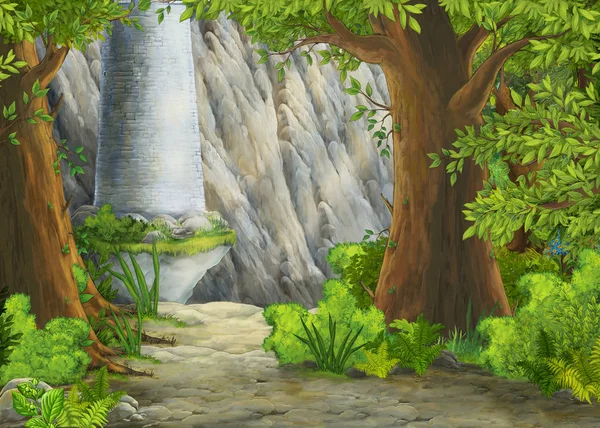 Dibujos animados escena de la naturaleza con hermoso castillo - ilustración para los niños —  Fotos de Stock
