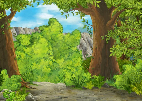 Escena de dibujos animados con montañas valle cerca del bosque ilustración para niños — Foto de Stock