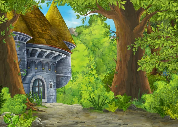 Kreslená přírodní scéna s nádherným hradem-ilustrace pro děti — Stock fotografie