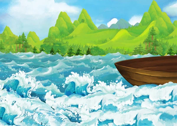 Cartoon-Szene von schönen Ufern oder Stränden am Meer oder in der Nähe eines Waldes mit leerem Fischerboot - Illustration für Kinder — Stockfoto