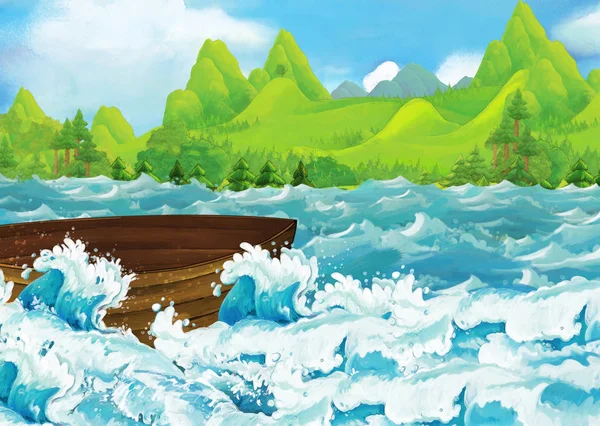 Мультяшная сцена красивого берега или пляжа у океана или моря рядом с каким-нибудь лесом с пустым рыбацким судном на воде - иллюстрация для детей — стоковое фото