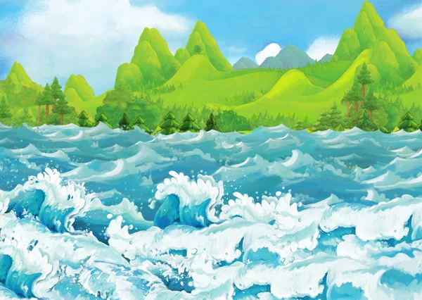 Escena de dibujos animados de hermosa orilla o playa junto al océano o el mar cerca de algún bosque - ilustración para los niños — Foto de Stock