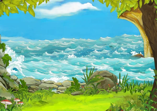 Escena de dibujos animados de hermosa orilla o playa junto al océano o el mar cerca de algún bosque - ilustración para los niños —  Fotos de Stock
