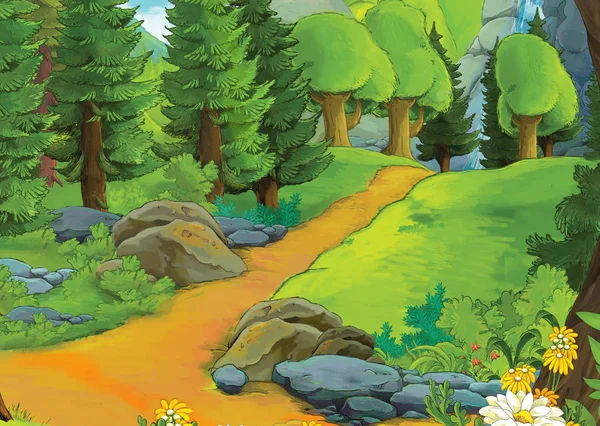 Καρτούν καλοκαιρινή σκηνή με λιβάδι κοιλάδα - κανείς στη σκηνή - εικονογράφηση για τα παιδιά — Φωτογραφία Αρχείου