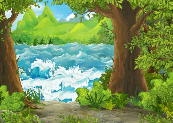 Cartoon scene of beautiful shore or beach by the ocean or sea near some forest - illustration for children — Stock Photo, Image