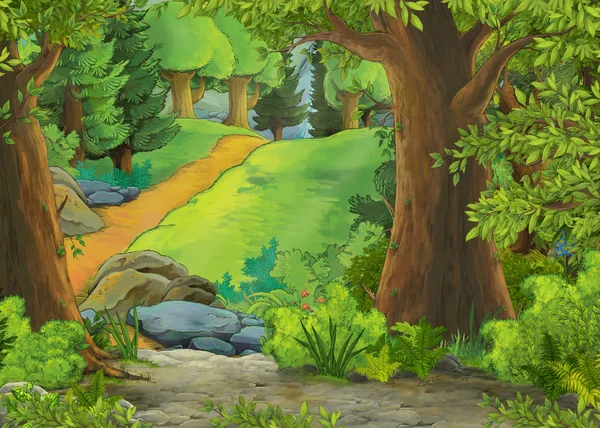 Escena de dibujos animados con montañas y valle con casa de campo escondida en el bosque ilustración para niños — Foto de Stock