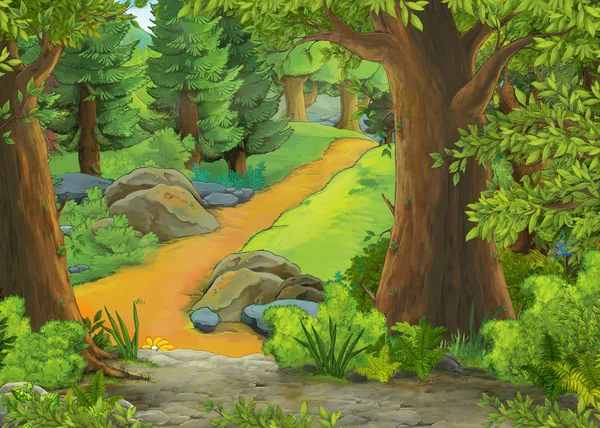 Escena de dibujos animados con montañas y valle con casa de campo escondida en el bosque ilustración para niños — Foto de Stock