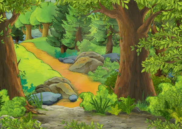 Çocuklar için orman illüstrasyon gizli çiftlik evi ile dağlar ve vadi ile karikatür sahne — Stok fotoğraf