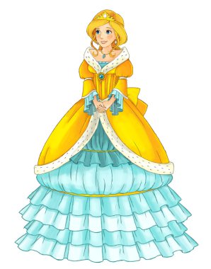 Beyaz arka planda güzel prensesin olduğu çizgi film sahnesi - çocuklar için illüstrasyon