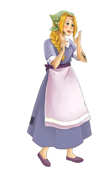 Cartoon sprookje karakter-boerderij vrouw staande en op zoek op witte achtergrond-illustratie voor kinderen — Stockfoto
