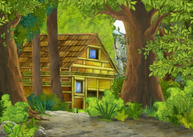 çocuklar için orman illüstrasyon yakınındaki çiftlik evi ve bahçe ile dağlar ve vadi ile karikatür sahne