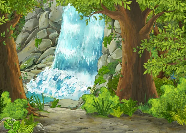 Desenho animado cena de verão com prado na floresta com cachoeira e fluir ilustração para crianças — Fotografia de Stock