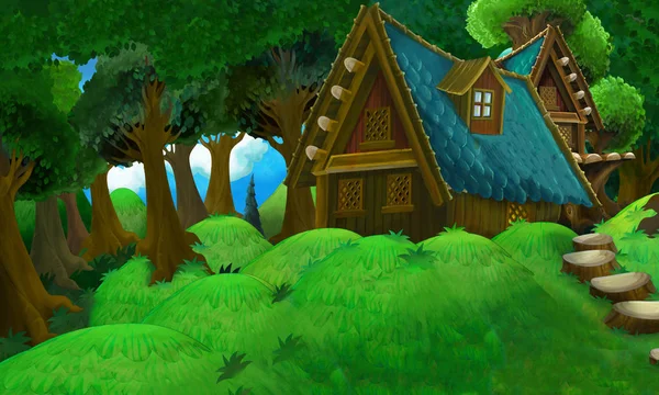 Escena de verano de dibujos animados con casa de campo en el bosque - nadie en la escena - ilustración para niños —  Fotos de Stock
