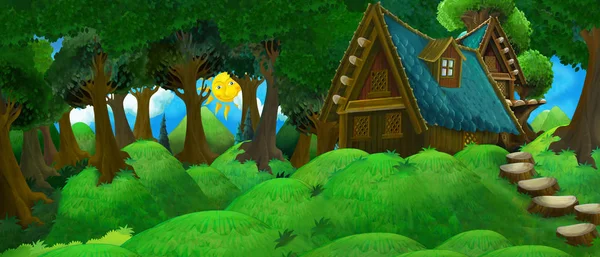 Ormanda çiftlik evi olan bir karikatür yaz sahnesi. — Stok fotoğraf