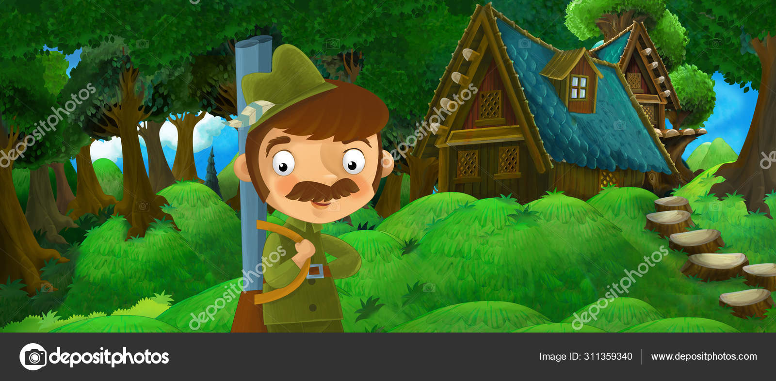 Dessin Anime Scene D Ete Avec Maison De Ferme Dans La Foret Avec Chasseur Photographie Illustrator Hft C 311359340