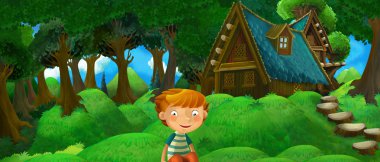 cartoon summer scene with farm house in the forest with happy bo