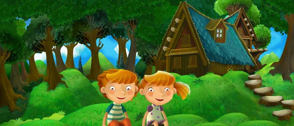 Escena de verano de dibujos animados con casa de campo en el bosque con niña y niño feliz - ilustración para los niños — Foto de Stock