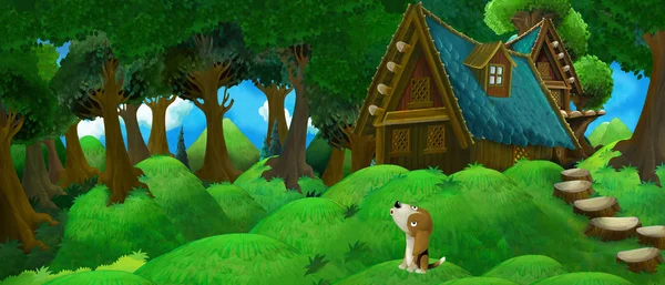 Dibujos animados escena de verano con casa de campo en el bosque con feliz hacer —  Fotos de Stock