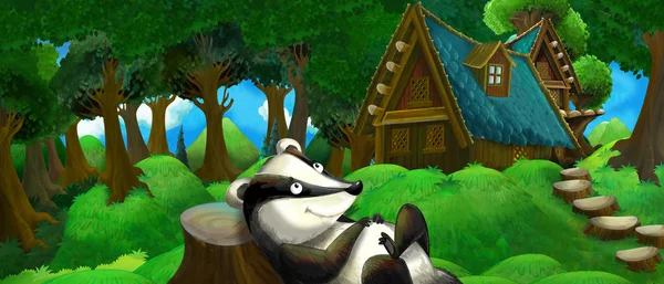 Мультфильм летняя сцена с фермерским домом в лесу с счастливым барсуком - иллюстрация для детей — стоковое фото