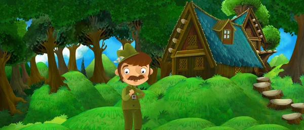 Cena de verão dos desenhos animados com casa de fazenda na floresta com caçador  - — Fotografia de Stock