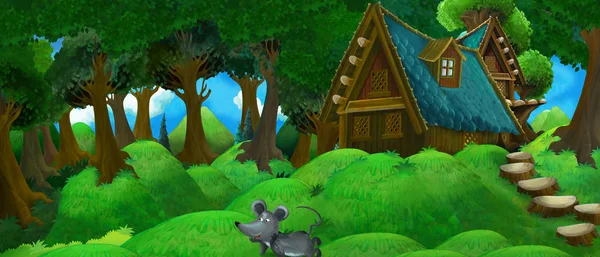 Kreslená letní scéna s farmářským domem v lese se šťastnou myší - ilustrace pro děti — Stock fotografie