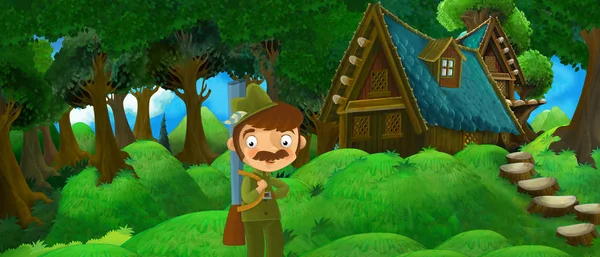 Мультфильм летняя сцена с фермерским домом в лесу с охотником - иллюстрация для детей — стоковое фото