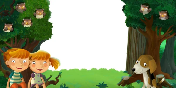 Cena dos desenhos animados com floresta e animais com fundo branco para ilustração de texto para crianças — Fotografia de Stock