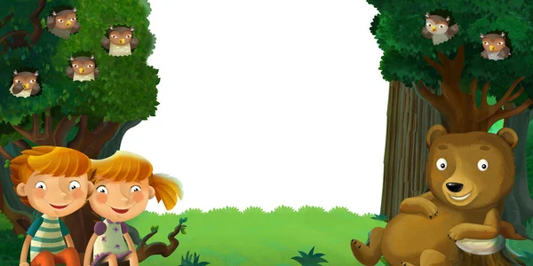 Cartoon scene with forest and animals with white background for text illustration for children — ストック写真