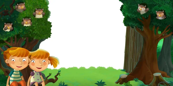 Cartoon scene with forest and animals with white background for text illustration for children — ストック写真