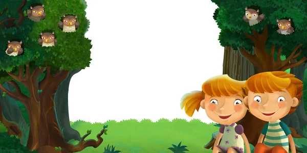 Scena kreskówki z lasu i zwierząt z białym tle ilustracji tekstu dla dzieci — Zdjęcie stockowe