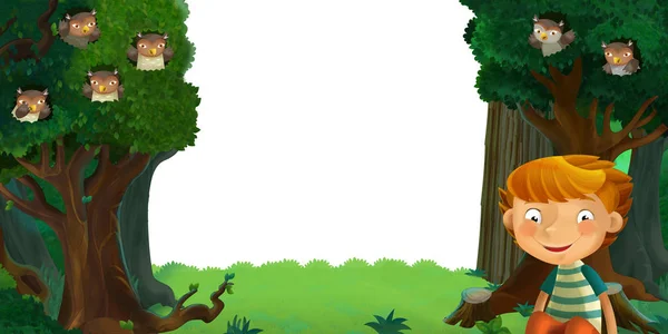 Scena kreskówki z lasu i zwierząt z białym tle ilustracji tekstu dla dzieci — Zdjęcie stockowe