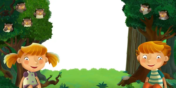 Cartoon scene with forest and animals with white background for text illustration for children — ストック写真