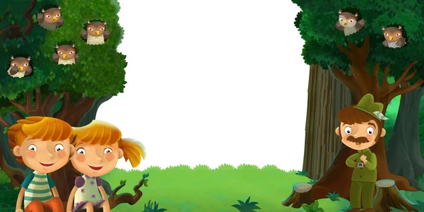 Cartoon scene with forest and animals with white background for text illustration for children — ストック写真