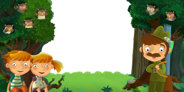 Cena dos desenhos animados com floresta e animais com fundo branco para ilustração de texto para crianças — Fotografia de Stock