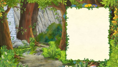 Ormanın yakınındaki dağ vadisinin olduğu çizgi film sahnesi çocuklar için metin örnekleme için çerçeveli.