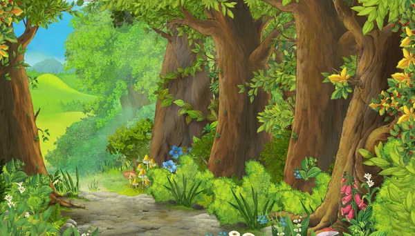 Escena de verano de dibujos animados con prado en el bosque ilustración para niños — Foto de Stock