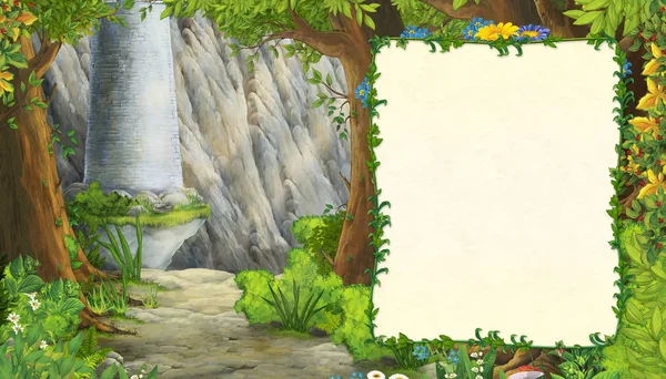 Dibujos animados escena de la naturaleza con la torre del castillo en el bosque con marco para el texto - ilustración para los niños — Foto de Stock