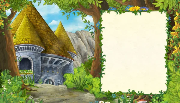 Dibujos animados escena de la naturaleza con la torre del castillo en el bosque con marco para el texto - ilustración para los niños —  Fotos de Stock