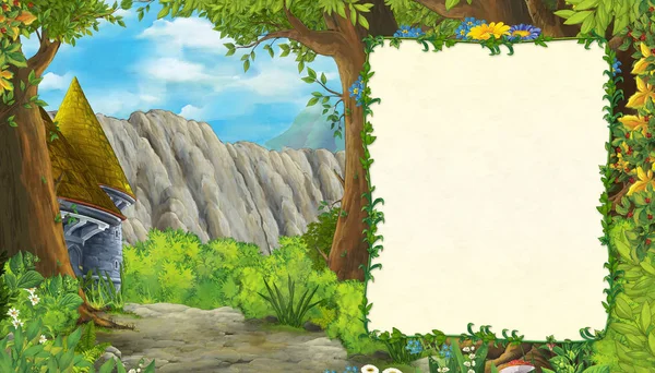Escena de dibujos animados con montañas valle cerca del bosque con marco para la ilustración de texto para niños — Foto de Stock