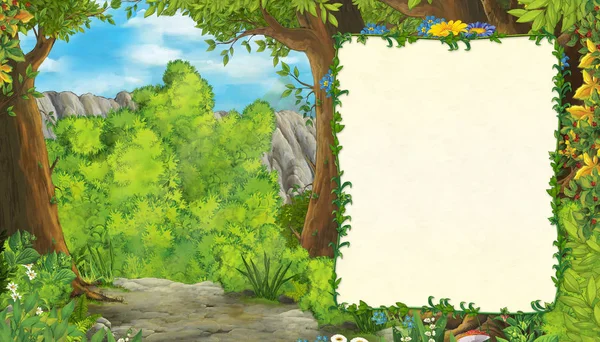 Kreslená scéna s horským údolím v blízkosti lesa s rámečkem pro ilustraci textu pro děti — Stock fotografie