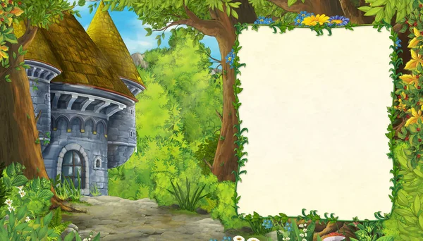 Cartoon nature scene with castle tower in the forest with frame for text - illustration for the children