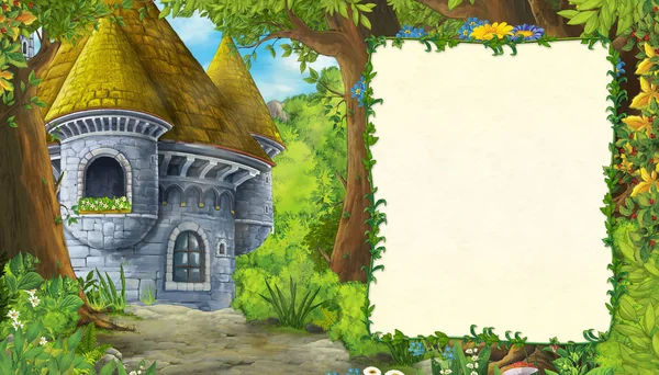 Cartoon nature scene with castle tower in the forest with frame for text - illustration for the children