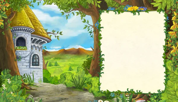 Dibujos animados escena de la naturaleza con la torre del castillo en el bosque con marco para el texto - ilustración para los niños —  Fotos de Stock